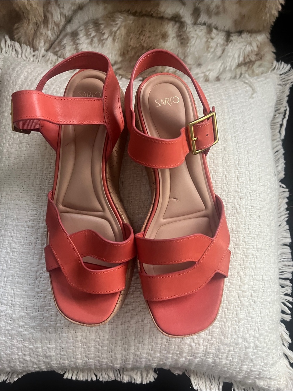 SARTO By Franco Sarto Coral Leather Wedge Sandals with Buckle